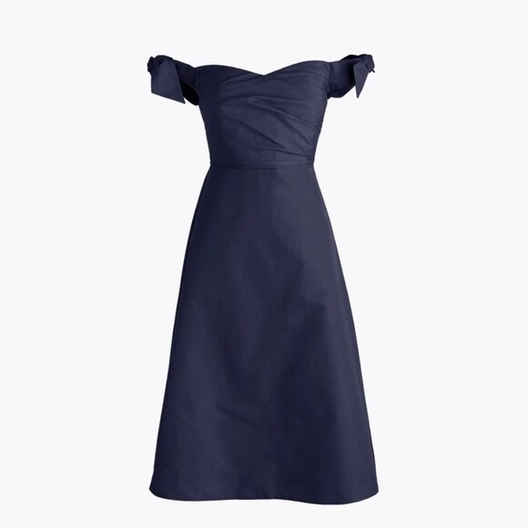 J Crew Womens Off Shoulder Faille Dress Tie Bow Straps Navy Blue G3469 size 14 - Picture 2 of 15